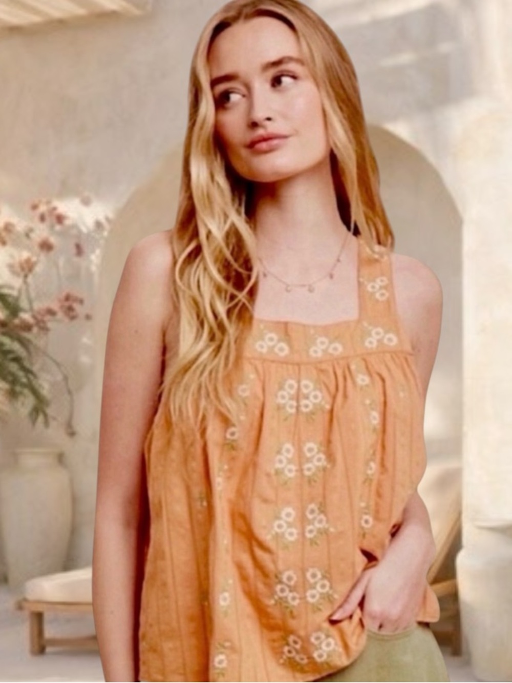 Embroidered Peach Sleeveless Tank Top - Picture 6 of 6